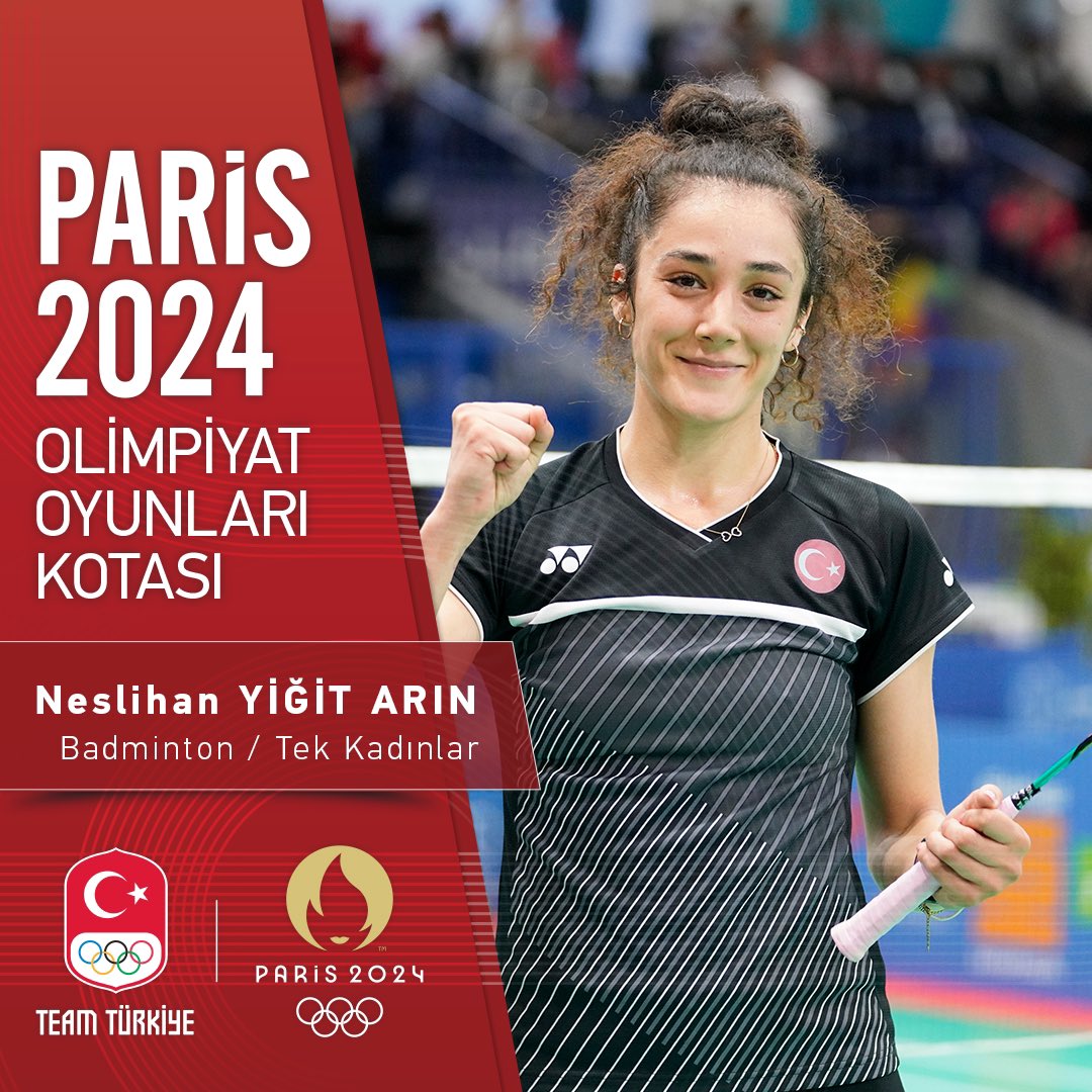 Neslihan’dan Paris 2024 Kotası! 🏸 Dünya Badminton Federasyonu’nun sporcuların elde ettiği sonuçlara göre oluşturduğu sıralama listesinin sonuçlanmasıyla milli badmintoncumuz Neslihan Yiğit Arın tek kadınlarda Paris 2024 Olimpiyat Oyunları’na katılmaya hak kazandı.🇹🇷 Tebrikler…