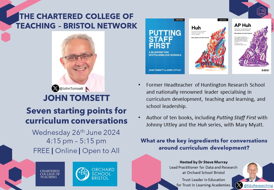 PLEASE RT:
<a href="/JohnTomsett/">John Tomsett</a> - "Seven Starting Points for Curriculum Conversations"

Free <a href="/CharteredColl/">Chartered College of Teaching</a> online talk &amp; open to all!

Weds 26th June, 4:15pm

Sign up here: tickettailor.com/events/charter…

#curriculum #teaching #edutwitter