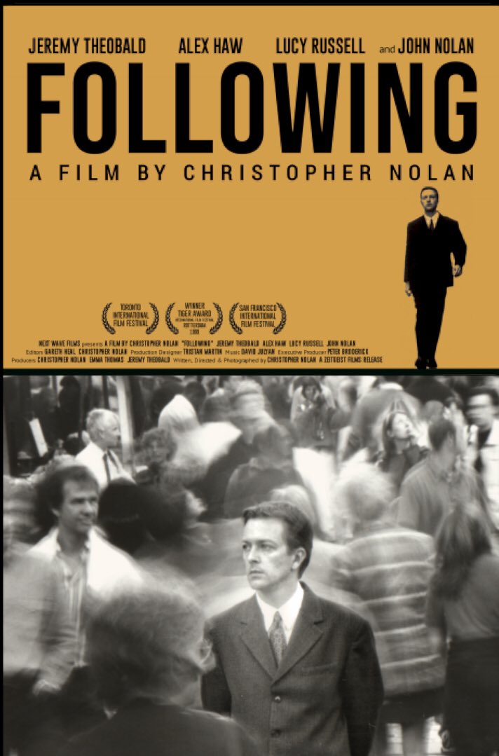 FOLLOWING (Christopher Nolan, 1998) Queridos compañeros del #ClubPrimerosVisionados Desconocida por casi todos debido a su pírrica distribución, tiene un handicap: Para resultar una experiencia total se debería ver antes que MEMENTO (2000) Dentro hilo 🧵👇🏻