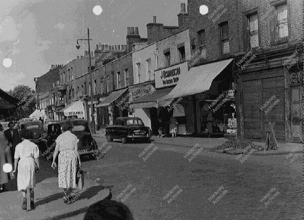 BROADWAY MARKET  LONDON FIELDS, .Nos.38-66.East side. c.1958 View north from Welshpool Street. Hackney London