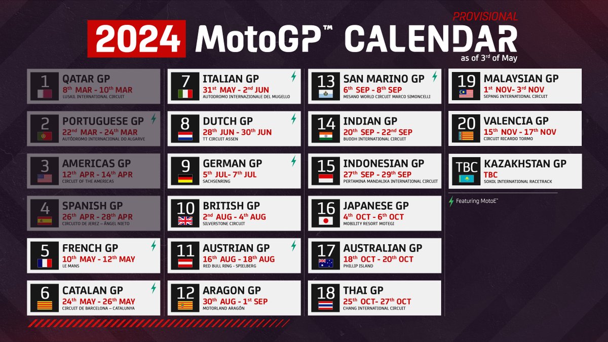 The latest version of the 2024 #MotoGP calendar 📅 Any further updates on the #KazakhstanGP will be published once confirmed 📌