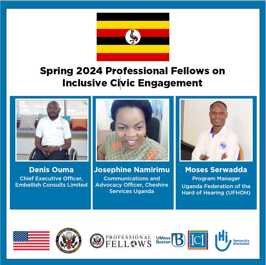 Congrats to Spring 2024 #ProFellows Josephine Namirimu, Denis Ouma &amp; Moses Serwadda as they embark on their 5-week Fellowship in the US, sharing disability-inclusive civic engagement practices with their US colleagues! <a href="/ECAatState/">Educational & Cultural Affairs—U.S. Dept. of State</a> <a href="/ICInclusion/">Community Inclusion</a> <a href="/HI_EARegion/">Humanity & Inclusion_East Africa Region</a> #ExchangeOurWorld