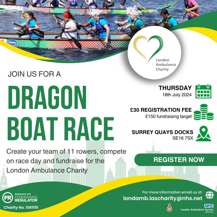 Enter the dragons 🐉📢 The @Ldn_Ambulance Charity is calling on Londoners to get involved in their first ever #TeamLAS Dragon Boat Race! 🗓️ Thursday 18 July 📍 Surrey Quays Docks (#SE16) Full info ➡️ buff.ly/4dmaa82 #FridayMotivation
