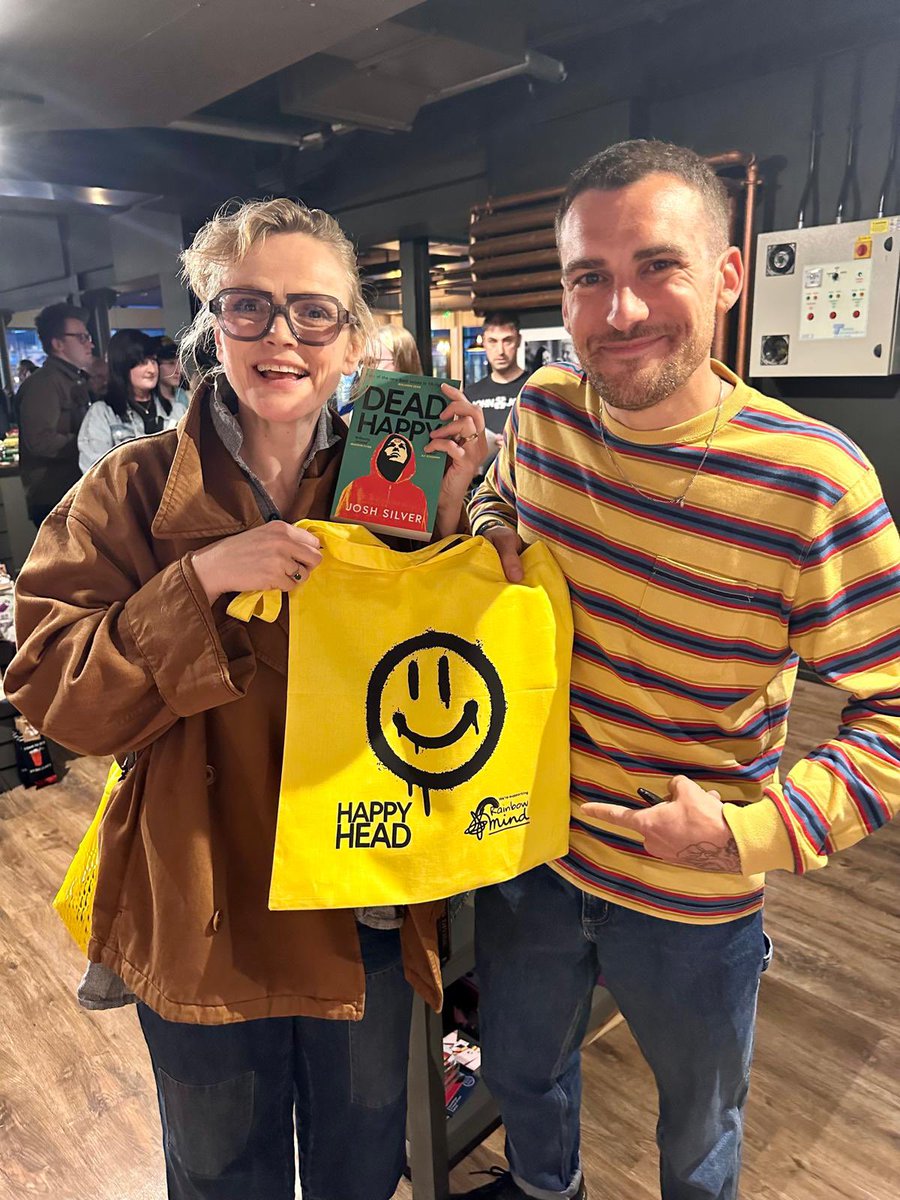 🙃We had a FANTASTIC time at the launch in Manchester for the sequel to Josh Silver’s HappyHead 🙂💛💚 Thank you to @SocialRefugeMCR @QueerLitUK @MindsRainbow for hosting and the wonderful Maxine Peake for chairing! DEAD HAPPY out now 🙃🙂