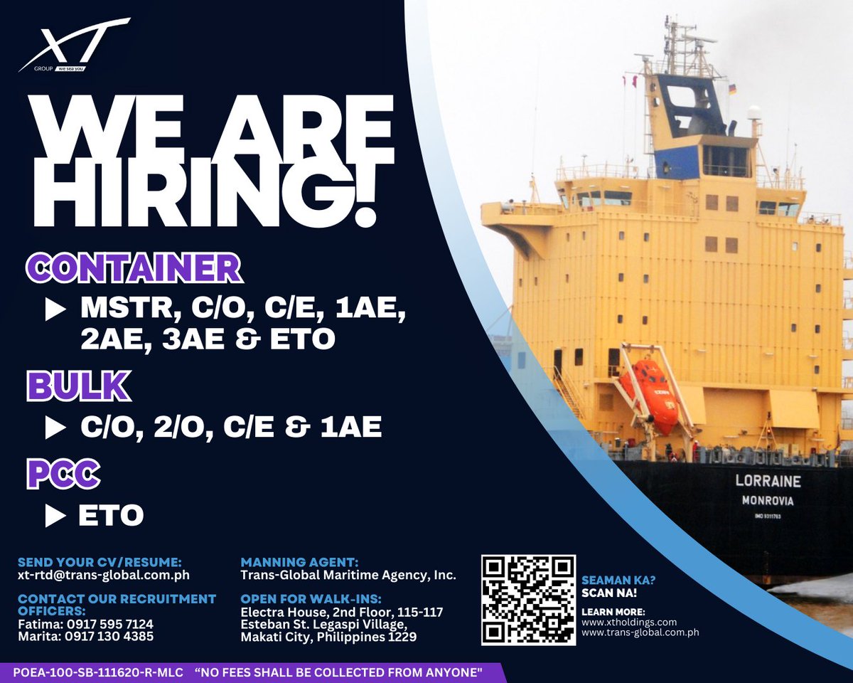 📢 Unlock your highest potential and amplify your passion for seafaring by joining 𝗫𝗧 𝗚𝗿𝗼𝘂𝗽!

Send your CV/Resume:
xt-rtd@trans-global.com.ph

POEA-100-SB-111620-R-MLC 'NO FEES SHALL BE COLLECTED FROM ANYONE' #hiring #careeratsea #maritimejobs #transglobalmaritime