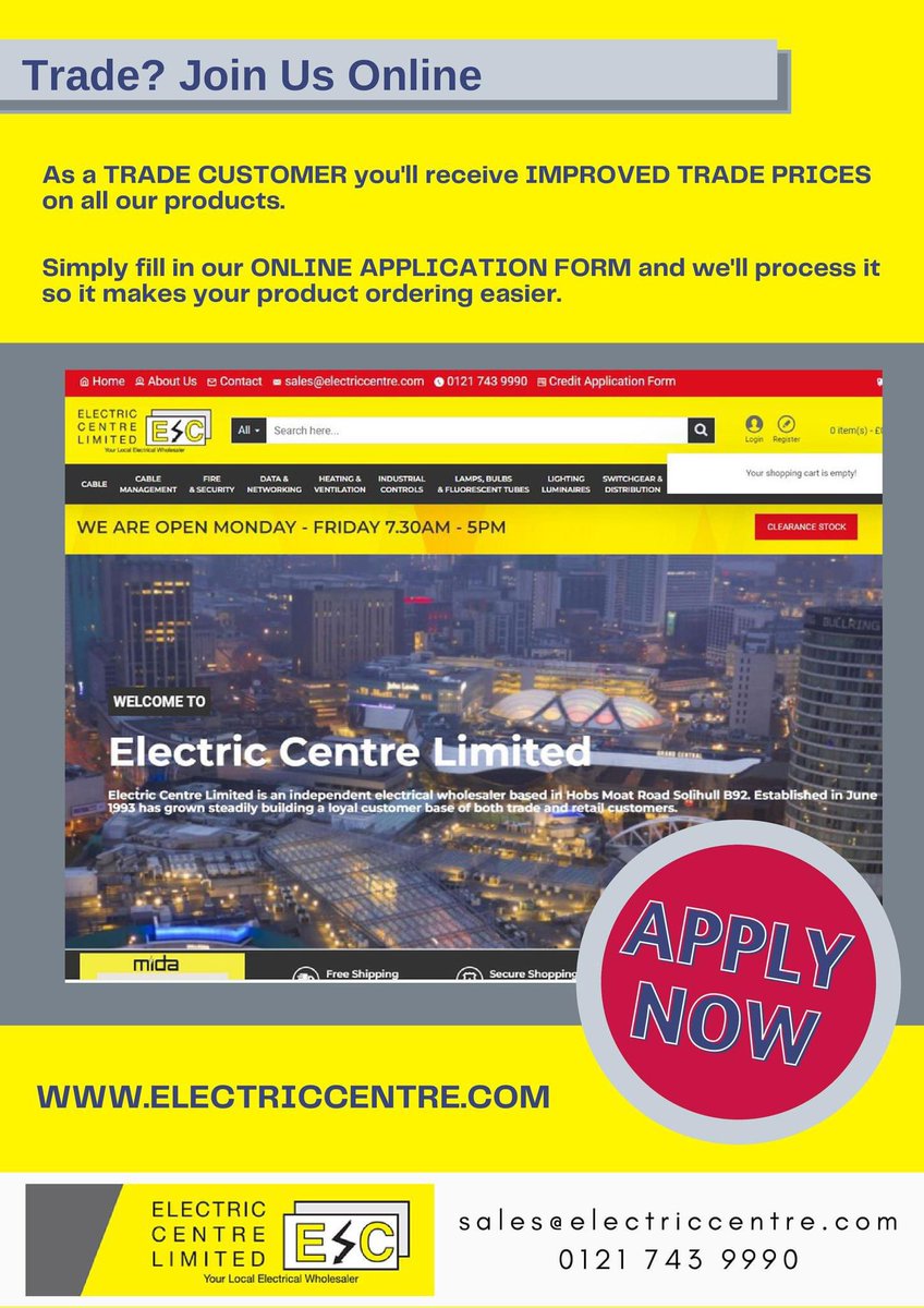 Electric centre ltd is an independent electrical wholesaler who have been trading from its Hobs Moat premises for over 30 years,to get a credit account form download off our website electriccentre.com and see how Electric Centre can help your business. #electricians