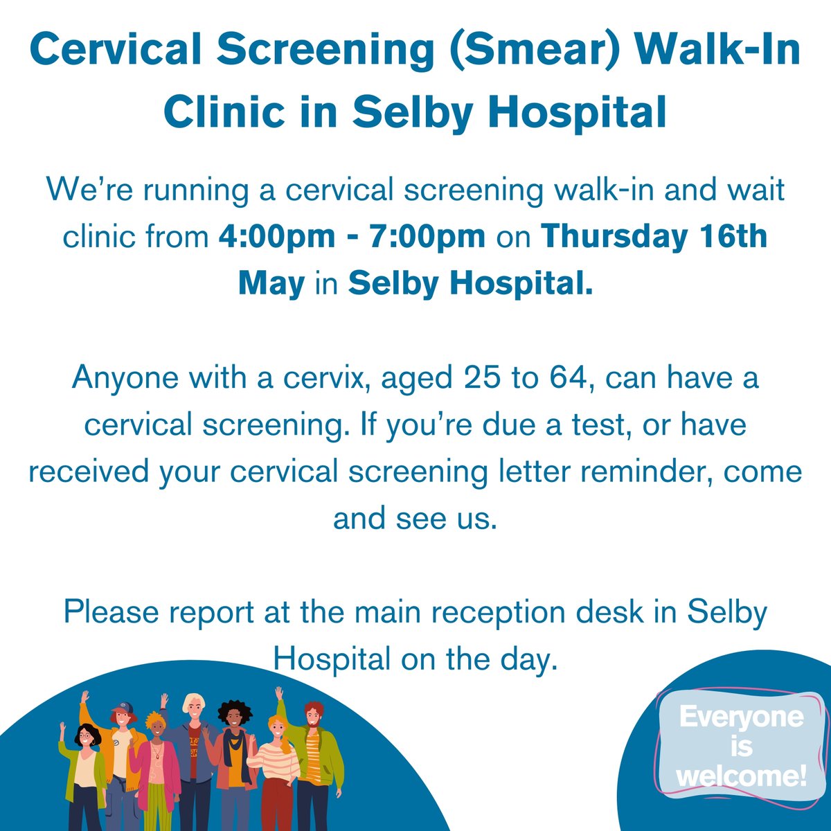 Are you due your cervical screening?

We’re running a walk-in and wait clinic in Selby Hospital on 16th May, 4:00pm – 7:00pm.

No booking is required – simply register at the desk on the day.

#CervicalScreening