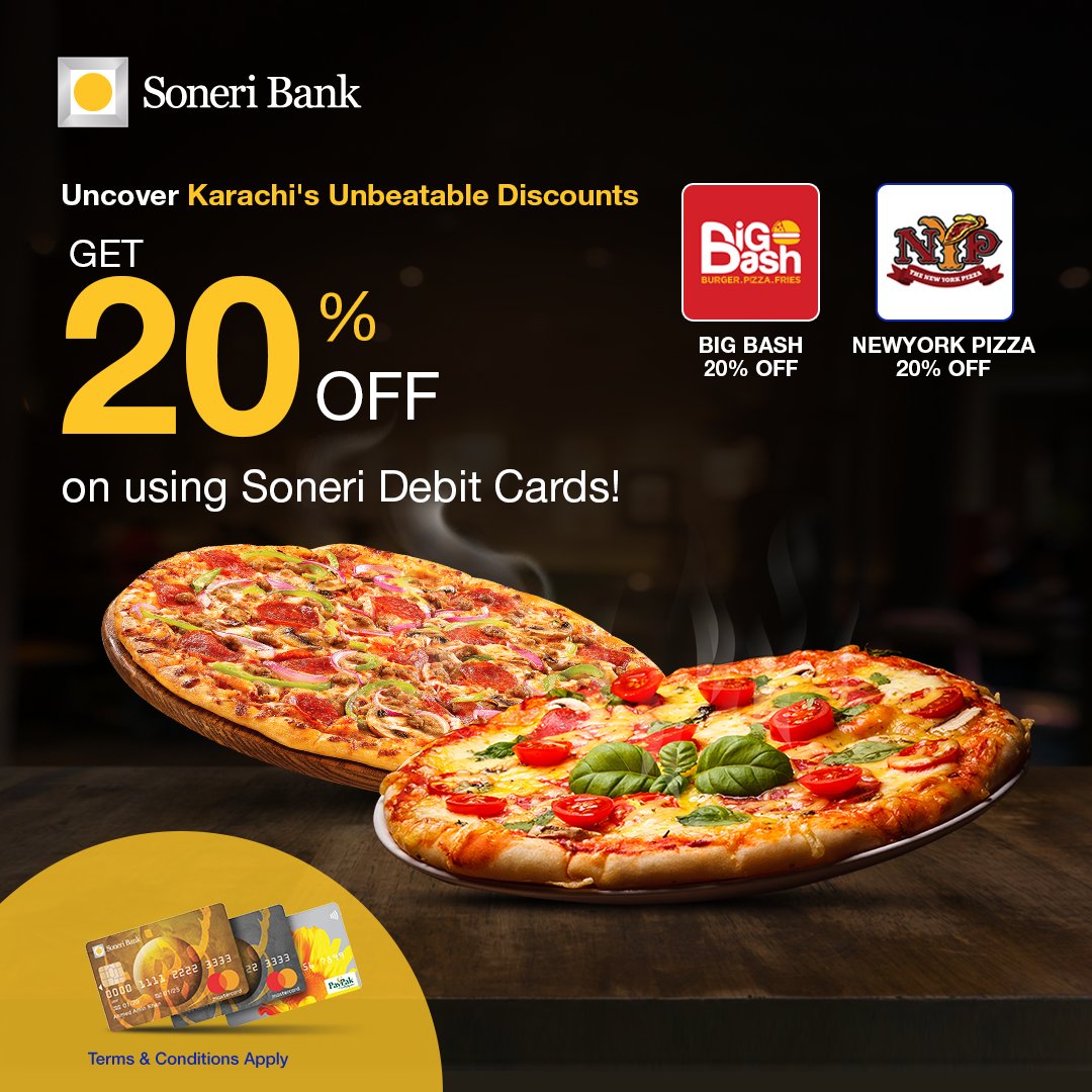 Savor Every Bite, Save Every Time! Get 20% off with Soneri Debit Cards at Karachi's most loved restaurants. Treat yourself today.  

#SoneriBank #RoshanHarQadam #SoneriDebitCard