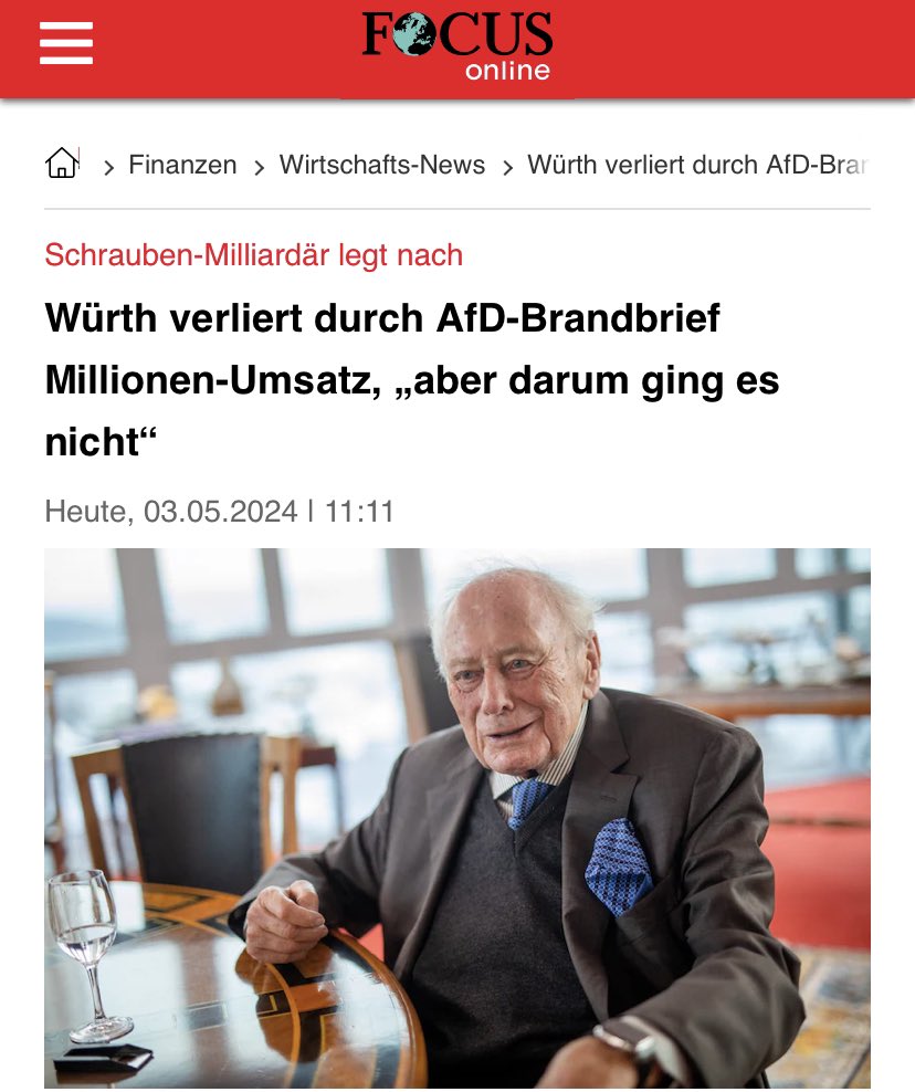 ElliotStabler92's tweet image. „Einige Kunden haben angekündigt, nichts mehr bei Würth zu kaufen. Wir haben dadurch rund 1,5 Millionen Euro Umsatz verloren“, so Würth. #Karma