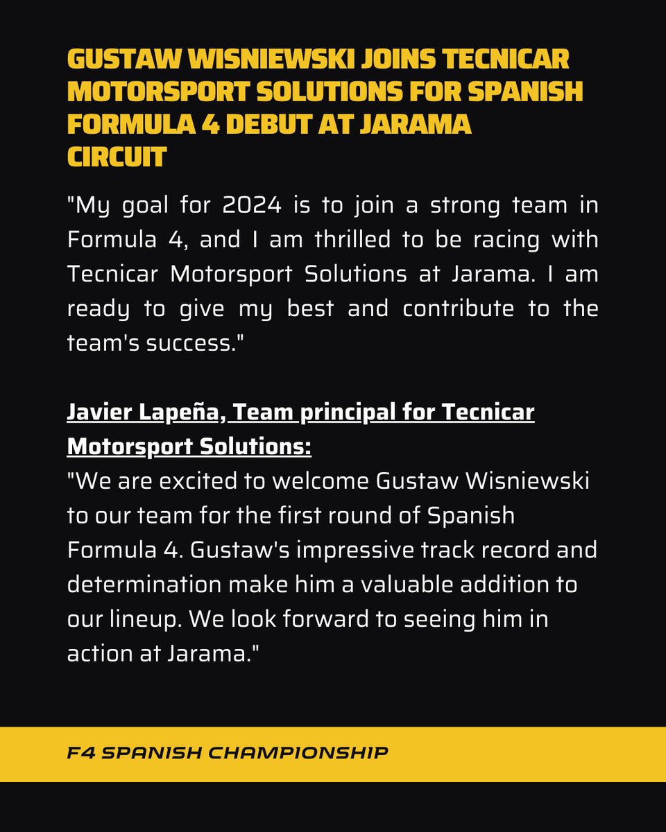 🚨 ANNOUNCEMENT 🚨

The driver Gustaw Wisniewski joins @tecnicar_racing for the first round of the 2024 #F4SpanishChampionship season at @circuito_jarama. 🙌🏼

#F4Spain #F4 #Formula4