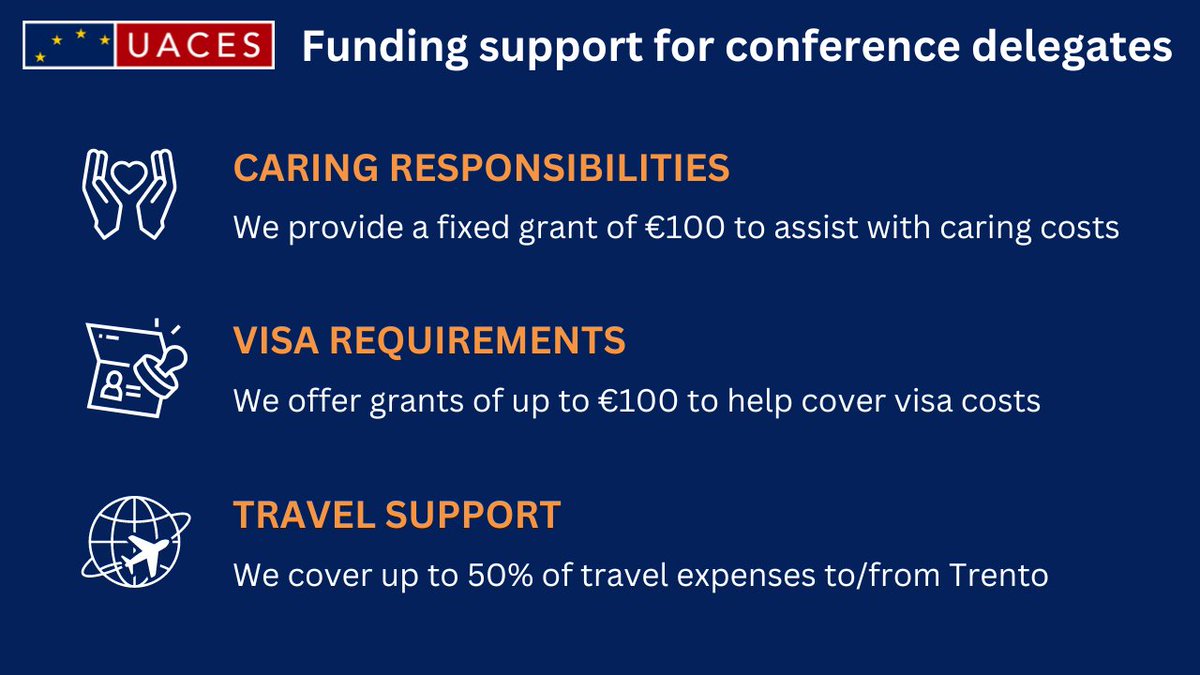 At UACES, we understand the challenges of attending conferences like #UACES2024. That's why we offer funding support: 🫂 €100 grant for caring responsibilities 🛂 €100 grant for visa requirements ✈️ Up to 50% of travel expenses Apply by 24 May ➡️ uaces.org/trento/funding