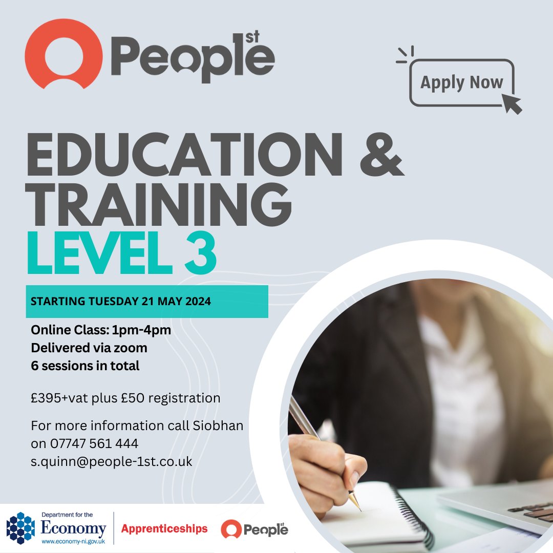 Level 3 ICQ Education and Training course!
Tues 21st May
1-4pm via Zoom ( 6 sessions total)
Open to current teachers and trainers, and those wanting to start!
people-1st.co.uk/qualifications…
Contact Siobhan on 07747 561 444 or s.quinn@people-1st.co.uk
#trainthetrainer #ICQ 
#belfast