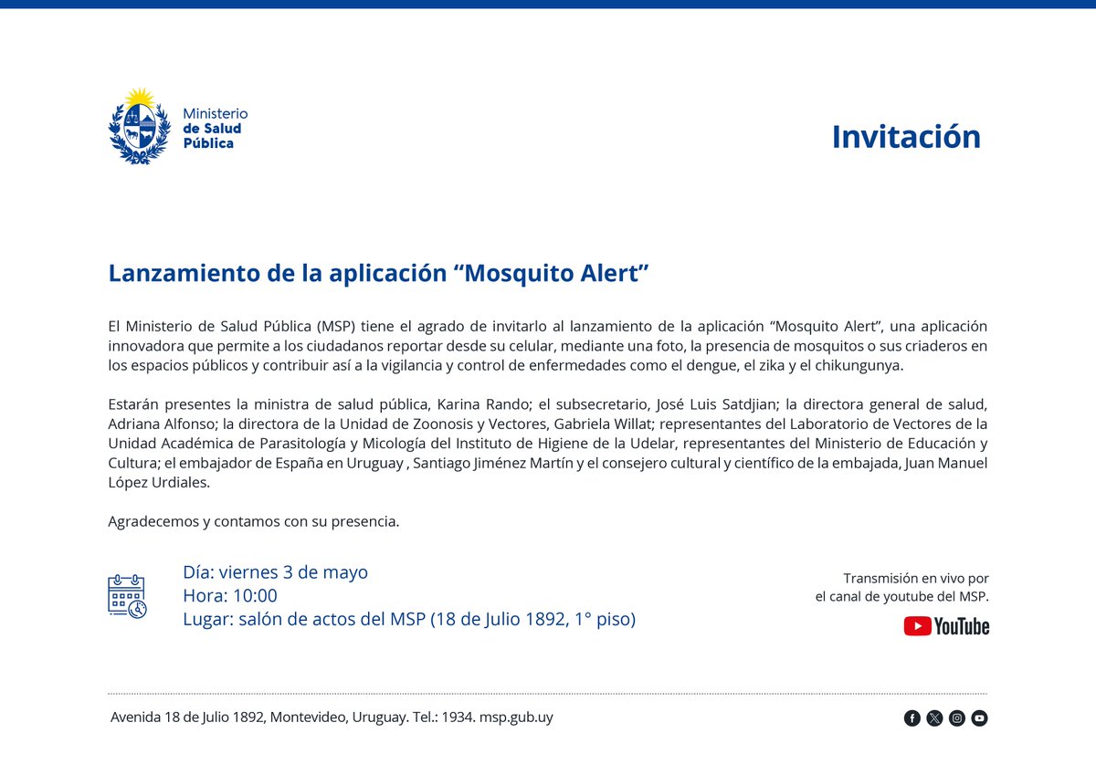 🇺🇾 ¡Hola #Uruguay! 🤝 Después de meses de trabajo junto al @MSPUruguay, hoy se presenta #MosquitoAlert. 🔝 Únete al lanzamiento en la sede del Ministerio de Salud Pública. 📢 Síguelo en directo en su canal de Youtube. ⌚️ 10:00h (UTC/GMT -3) 🔗 👉 bit.ly/3UKphky