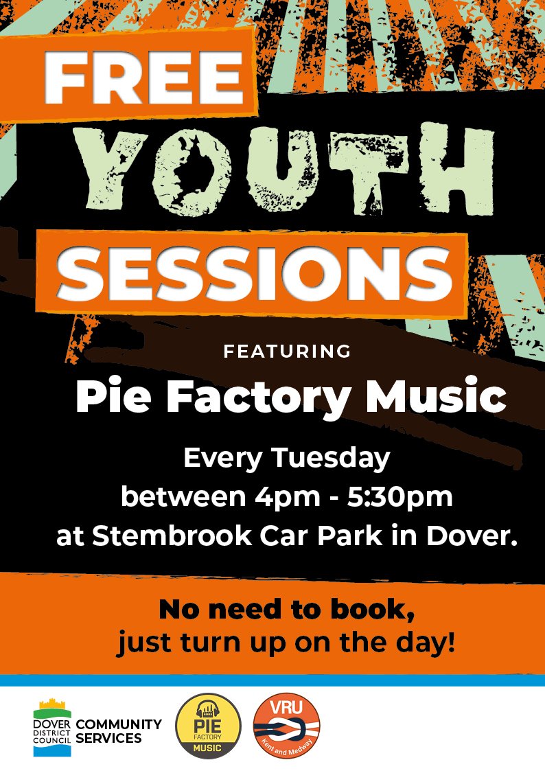 Come along to free youth sessions to play games & sport in the park or make music with Pie Factory Music - Tuesdays 4pm-5.30pm in Pencester Gardens area for next ten weeks - meeting at Pie Factory Music van in Stembrook Car Park, Dover.