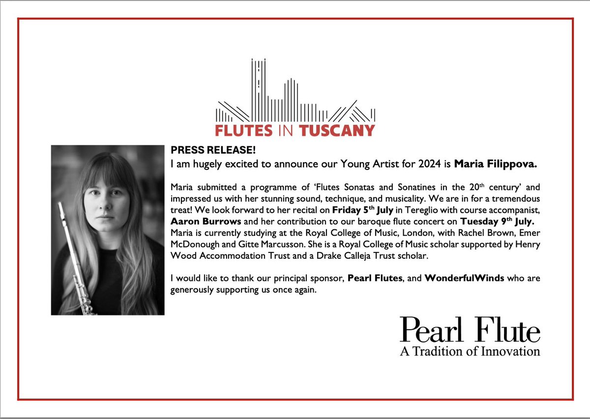 Congratulations to @FlutesinT Young Artist 2024 - Maria Filippova and huge thanks to our sponsors @Pearl_Flute & @WonderfulWinds1  I look forward to sharing videos and photos from Tereglio this summer. @RCMLondon @AllFlutesPlus @justflutes @BritishFluteSoc @TereglioTuscany