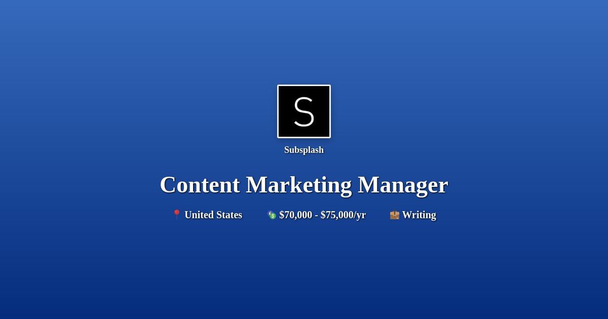 👋 Subsplash is hiring remotely for a Content Marketing Manager. Salary: $70,000 - $75,000/yr #remotejob #remotework #jobalerts #hiringnow #workfromhome #jobsearch #jobhunt #jobseekers #careeradvice #jobhiring #Writing Apply now! 👇 dailyremote.com/remote-job/con…