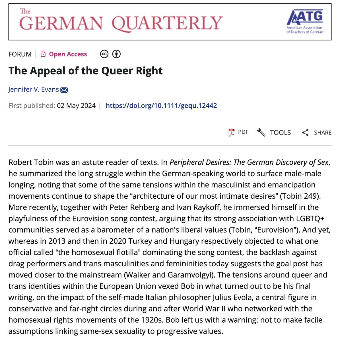 Proud to be included in a special forum on the life and work of Bob Tobin, a pioneer of German queer studies, gone too soon. I wrote about Julius Evola and the appeal of parts of the gays rights movement for today's far right. onlinelibrary.wiley.com/doi/10.1111/ge…