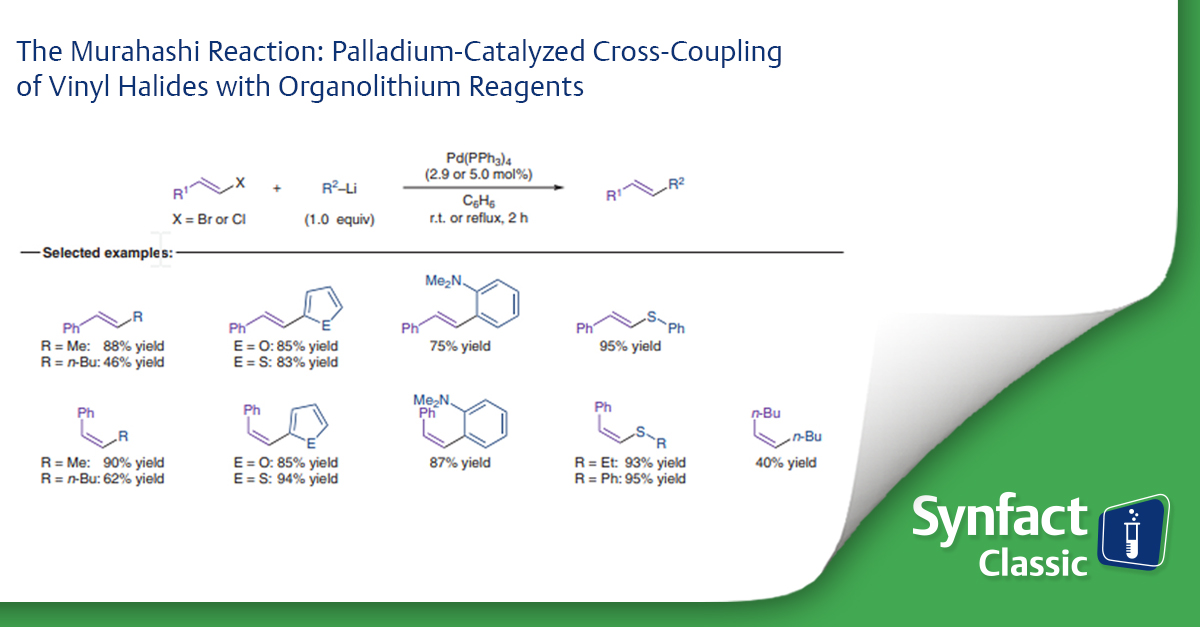 🕰️ In this Synfact Classic Martin Oestreich (@Silicon_Martin) highlighted ‘The Murahashi Reaction: Palladium-Catalyzed Cross-Coupling of Vinyl Halides with Organolithium Reagents' reported by Murahashi S-I and co-workers from @osaka_univ_e in 1979. 🧪 👉 brnw.ch/21wJqyU