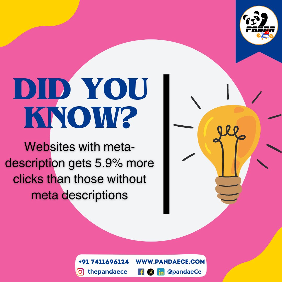 Boosting clicks with meta descriptions! Did you know? Websites with meta descriptions receive 5.9% more clicks than those without. 
Start optimizing today! Call us!

#SEO #DigitalMarketing #MetaDescriptions #didyouknow #factfortheday #seofacts #pandaece #explore #fyp