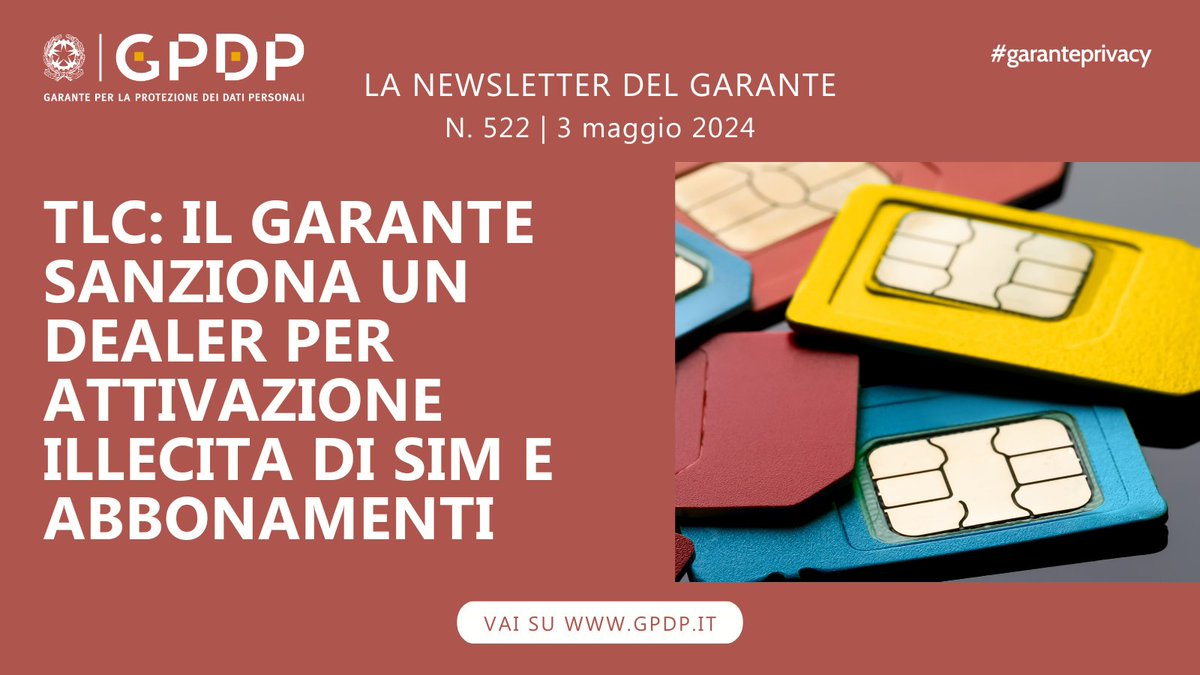 Sanzionato per 150mila euro il gestore di due negozi di telefonia: aveva attivato illecitamente sim, abbonamenti e addebiti per l’acquisto di cellulari e localizzatori GPS utilizzando i dati personali di centinaia di utenti a loro insaputa gpdp.it/home/docweb/-/… #GarantePrivacy