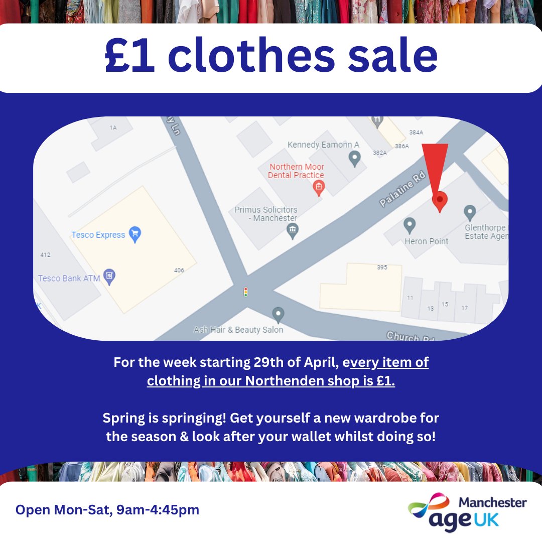 This week, our #Northenden shop sells every item of #clothing for £1! 

The sale runs until the end of the week and there's still time to get a bargain, refresh your wardrobe and help a #Manchester #charity. 

Come down and say hi at:

391B Palatine Road
Northenden
M22 4JS