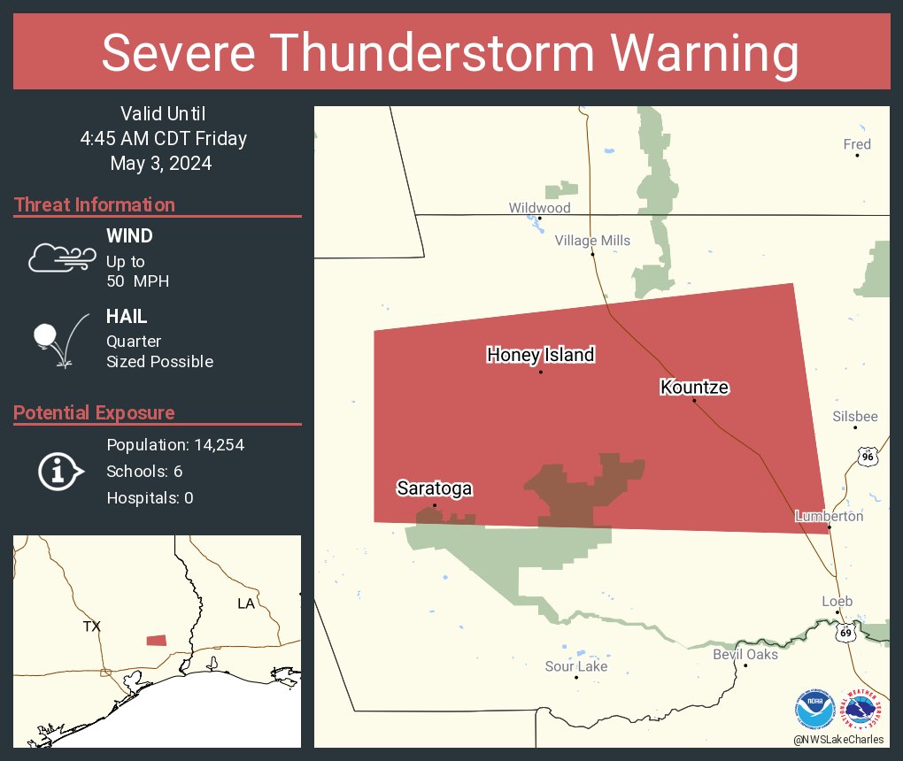 Severe Thunderstorm Warning continues for Kountze TX, Honey Island TX and Saratoga TX until 4:45 AM CDT