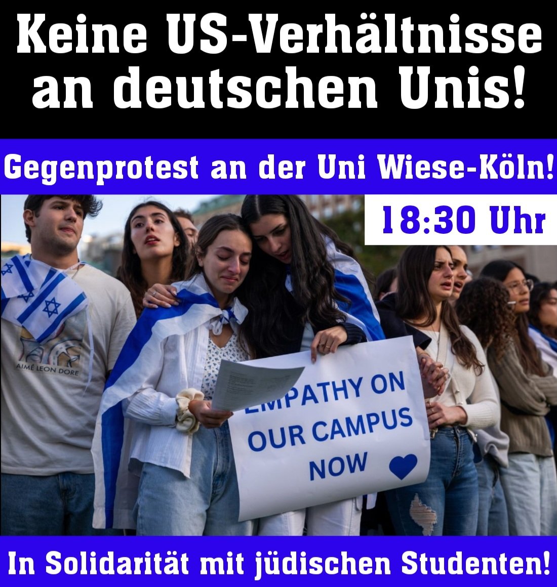 Ich habe soeben Gegenprotest angemeldet, weil sich heute Abend auf der Uni Wiese Köln Menschen versammeln, die sich OFFEN mit den höchst antisemitischen und skandalösen Uni-Protesten in den USA solidarisieren und diese Verhältnisse jetzt an deutschen Universitäten holen wollen!