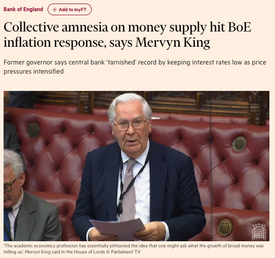 Former BoE governor Mervyn King with a truth bomb: CBs relied on forecasting models that ignore the money supply. He pointed out that excessive money supply relative to output historically led to inflation, thrashing CBs for ignoring broad money growth. Link below 👇