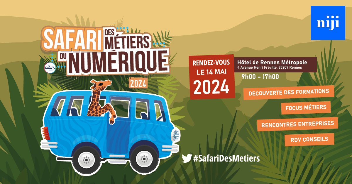 [#SafariDesMétiers @adnouest 14.05] Nous voici de nouveau partenaire de cette belle opération de promotion des métiers du numérique avec @metropolerennes Témoignages, débats, rencontres, rejoignez-nous sur notre stand ! #NijiRecrute #Rennes Plus d'infos ➡️urlz.fr/qxDb