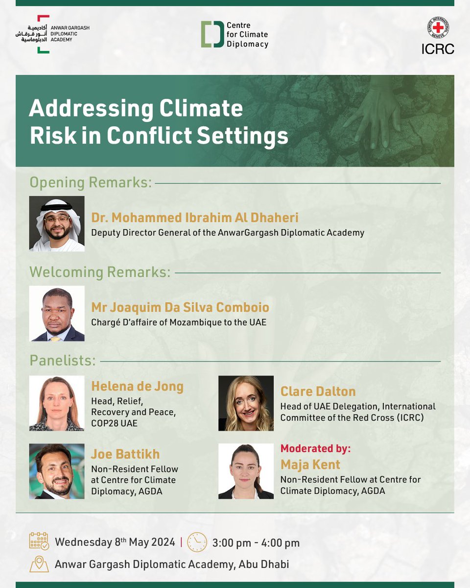 Join us for an engaging lecture on addressing climate risks in conflict zones. We will explore the complex links between conflict, environmental degradation, and climate change. secure your spot now through the following link: t.ly/zfbRB