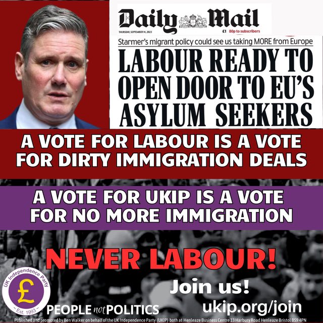 ❌A vote for #Labour at the next general election is a vote for MORE immigration. ✅A vote for #UKIP is a vote to shut the border and SAVE OUR COUNTRY!