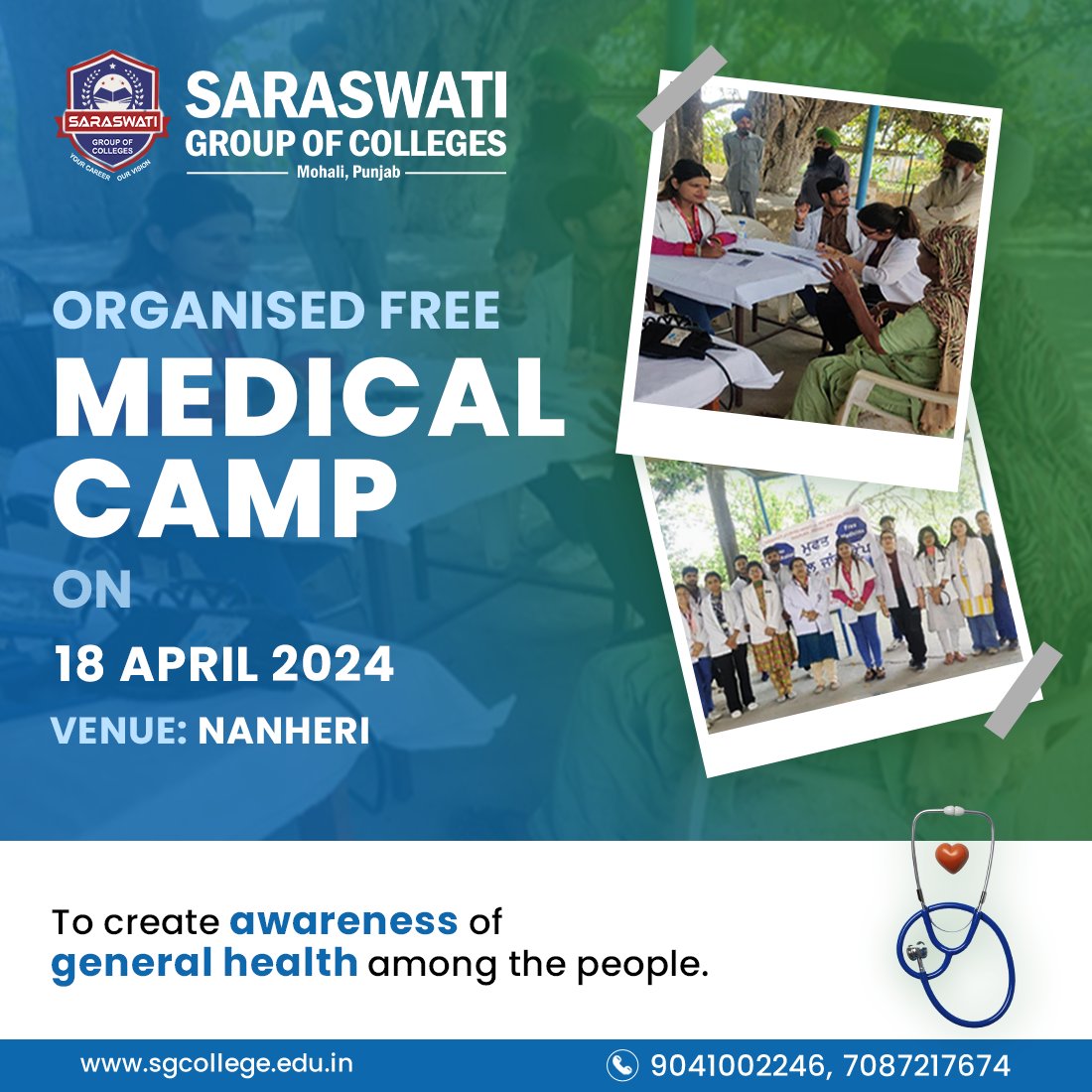 Saraswati Ayurved Hospital Organised Free Medical Camp On 18 April 2024! 

Venue: Nanheri 

Call Now:- 9041002246, 70872 17674
.
.
#SaraswatiAyurvedHospital #FreeHealthCheckUps #MedicalCamp #AyurvedicHealthcare #Nanheri #HealthcareEvent #CommunityHealth #SGCollegeMohali