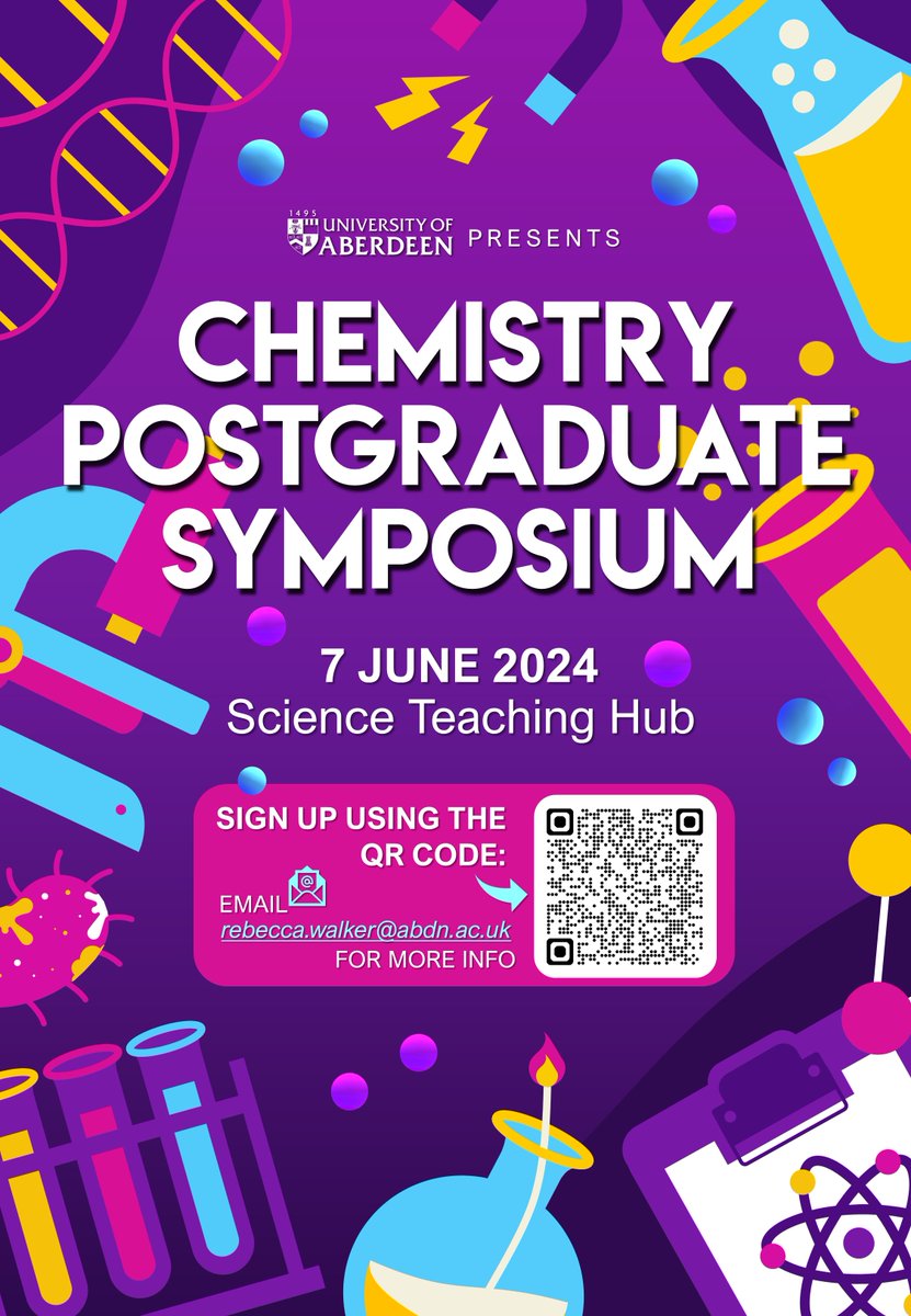 On 7th June the @aberdeenuni Chemistry Dept will showcase the ongoing work of our fantastic PhD students in the annual PGR Symposium. Anyone is welcome to see what cutting edge research is going on in UoA Chemistry! 💜⚗️🧪🦠 #academiclife #academicresearch #phdlife #chemtwitter