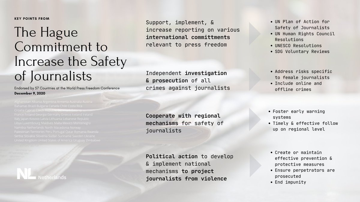 At the 2020 #WorldPressFreedom Conference, 57 countries including #Zimbabwe🇿🇼 endorsed The Hague Commitment to Increase the Safety of Journalists.✍️ Protecting journalists is more important than ever as authoritarianism, polarisation & misinformation increase worldwide.