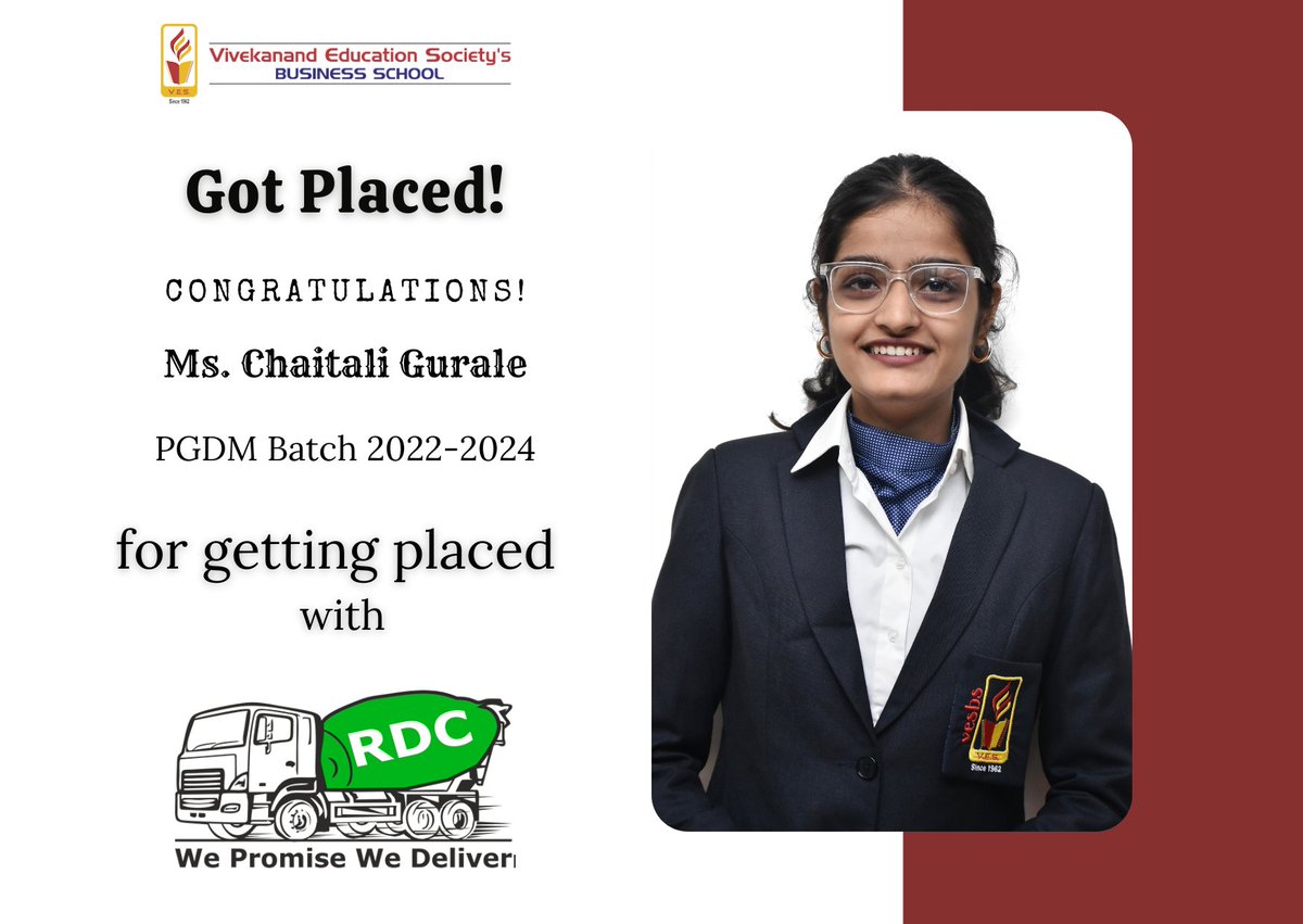 Congratulations Ms. Chaitali Gurale of Batch 2022-24 who got placed at RDC concrete Pvt Ltd. Many Congrats on this next step in your career & all of the growth, connections & opportunities that come with it.
#Placementdrive #placements #management #campusplacement #bschool #VBS