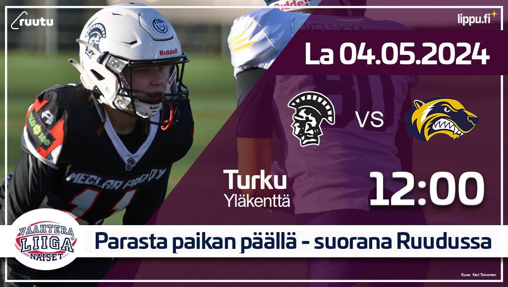 Naisten Vaahteraliiga potkaistaan vauhtiin Turun Yläkentällä lauantaina 4.5. klo 12:00. Kauden avauspelissä vastakkain viime vuoden finalistit @TurkuTrojans ja @WolverinesAF . Liput matsiin lippu.fi 🏈 Suora lähetys @RuutuUrheilu klo 11:55 alkaen.