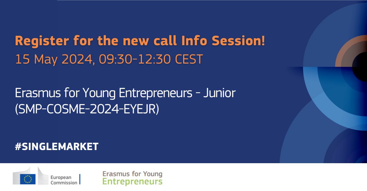 The #EYE info session will happen in 2⃣ weeks! Join this online event to learn more about the Erasmus for Young Entrepreneurs – Junior call and get useful tips to submit a good proposal. 🗓️ 15/05/24 ⏰ 9:30-12:30 CEST Register by 13 May 👉 europa.eu/!9cGY7p #SingleMarket