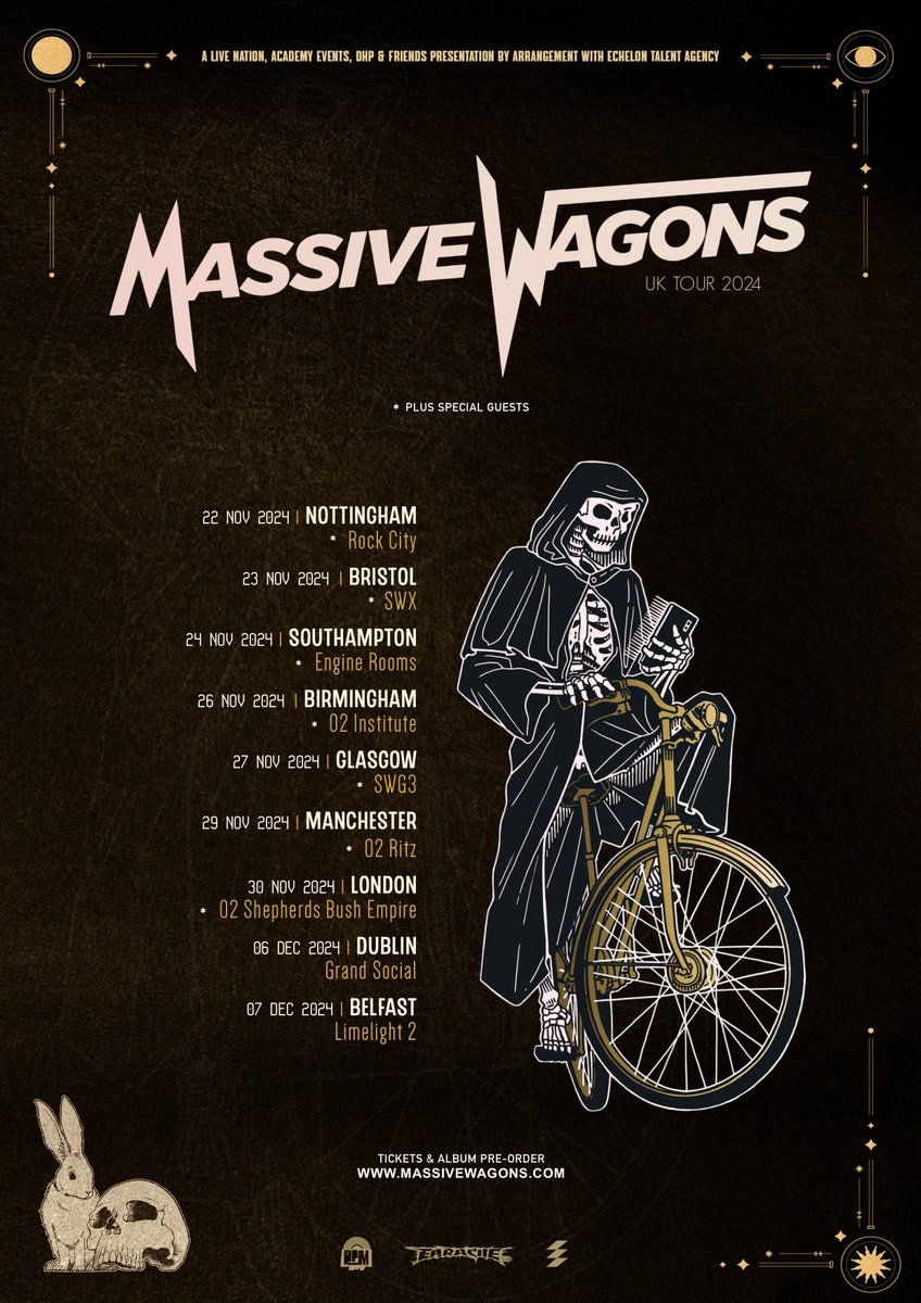 Incredibly exciting news from the @MassiveWagons camp today!🎉

Who's already got these UK & Ireland headline tour dates in their diary for Nov/Dec?👀

Ticket go on sale Monday at 10am, or you can access them via the band's Patreon pre-sale or O2 Priority now!🎟️