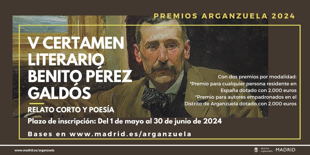 📌 Hasta el 30 de junio, abierta la recepción de originales para el Certamen Literario Benito Pérez Galdós de #Arganzuela.
✅ Un escaparate para nuevos talentos con 2 modalidades, relato corto y poesía, para autores del distrito y de fuera de él.

👉🏼 informate.madrid.es/2kaef1