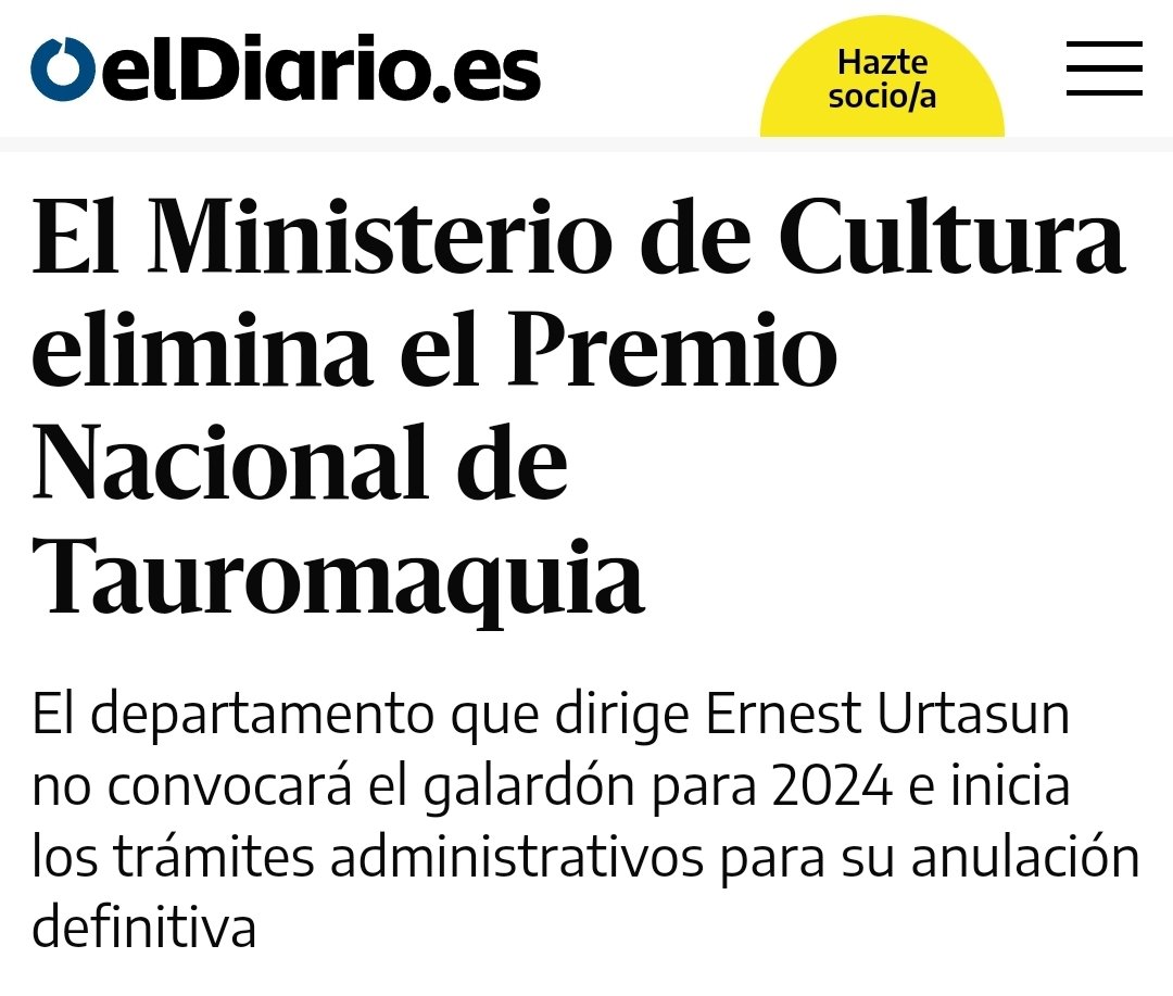 Els premis han de reflectir el sentir i els valors de la societat actual, i la tauromàquia és cosa del passat. Ni festa ni art, és tortura animal, i prou ho sap la immensa majoria. Només un 1,9% de la població assisteix a actes taurins. Endavant ministre @ernesturtasun