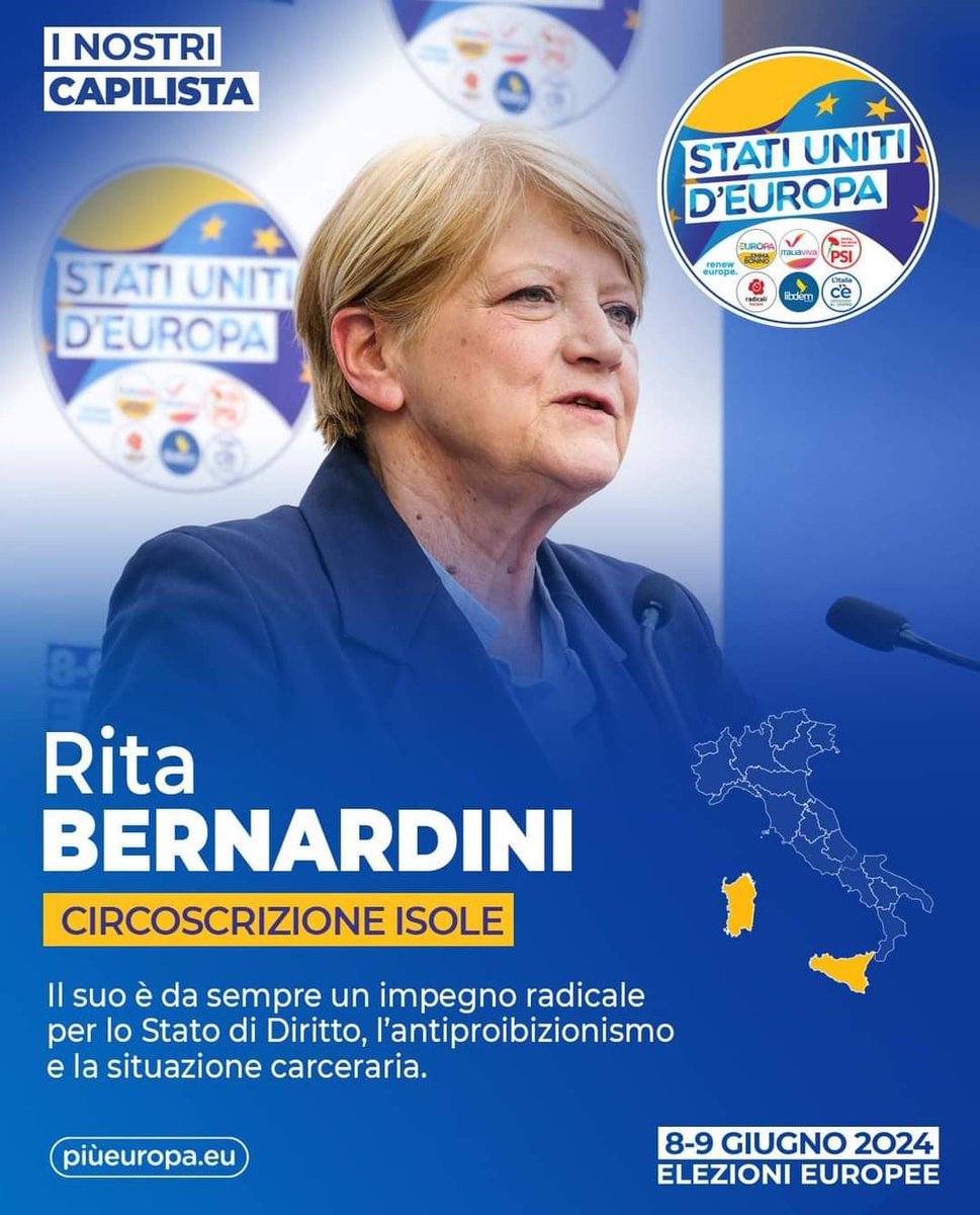 Chi ha a cuore i diritti civili e individuali, chi parla di 194, chi è autenticamente federalista europeo sa che nella lista #StatiUnitidEuropa troverà candidati all' altezza. Noi di @Piu_Europa alle #Isole abbiamo una capolista straordinaria: @ritabernardini