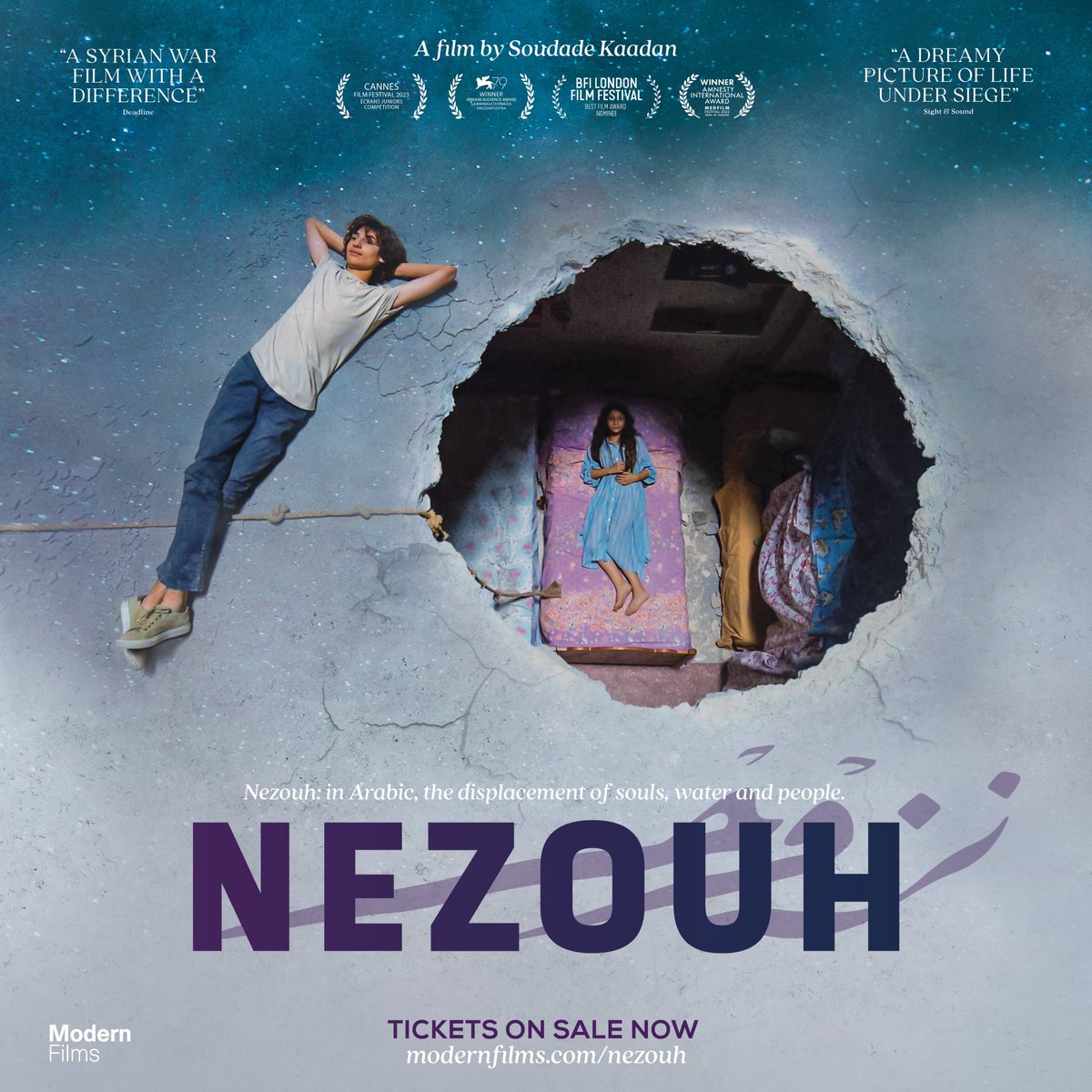 Nezouh: in Arabic, the displacement of souls, water and people. Soudade Kaadan’s NEZOUH is now showing in cinemas! Venice Film Festival award-winner, and featuring cinematography from Hélène Louvart (La Chimera, The Lost Daughter). Book now: modernfilms.com/nezouh