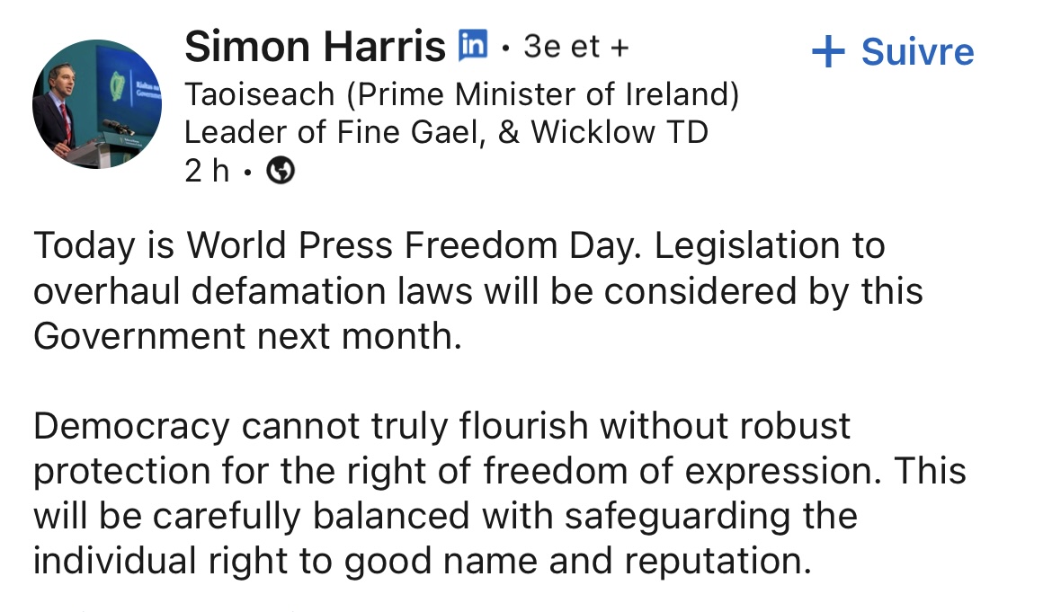 #Ireland: We welcome Taoiseach's commitment. Ireland (8th, -6) where journalists suffer judicial pressures must swiftly adopt legislation against gag lawsuits following the EU recommendation. #WPFD2024