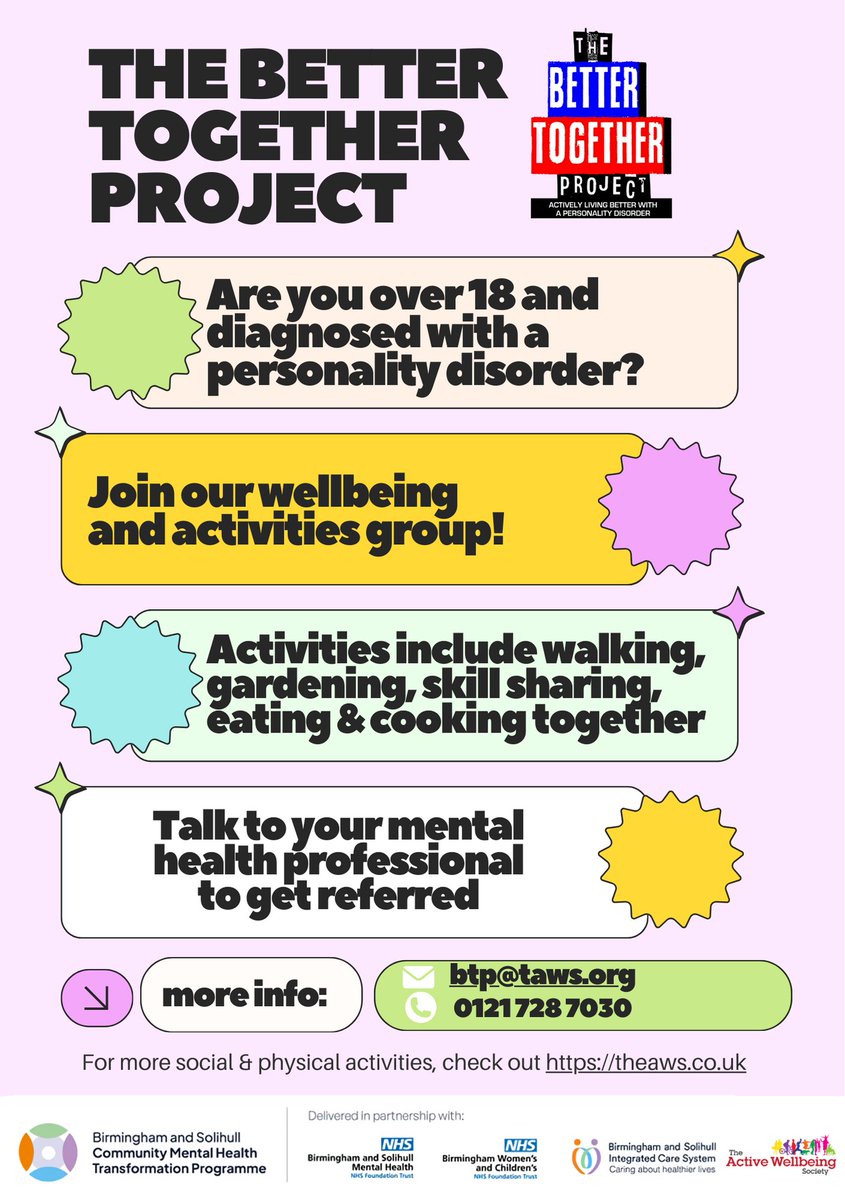 📢We’ve started the Better Together Project alongside @bsmhft working with adults diagnosed with a personality disorder. 🤝🏼Join our wellbeing & activity groups and connect with people with a similar diagnosis. 🩺Contact btp@theaws.org for more info or get a referral.