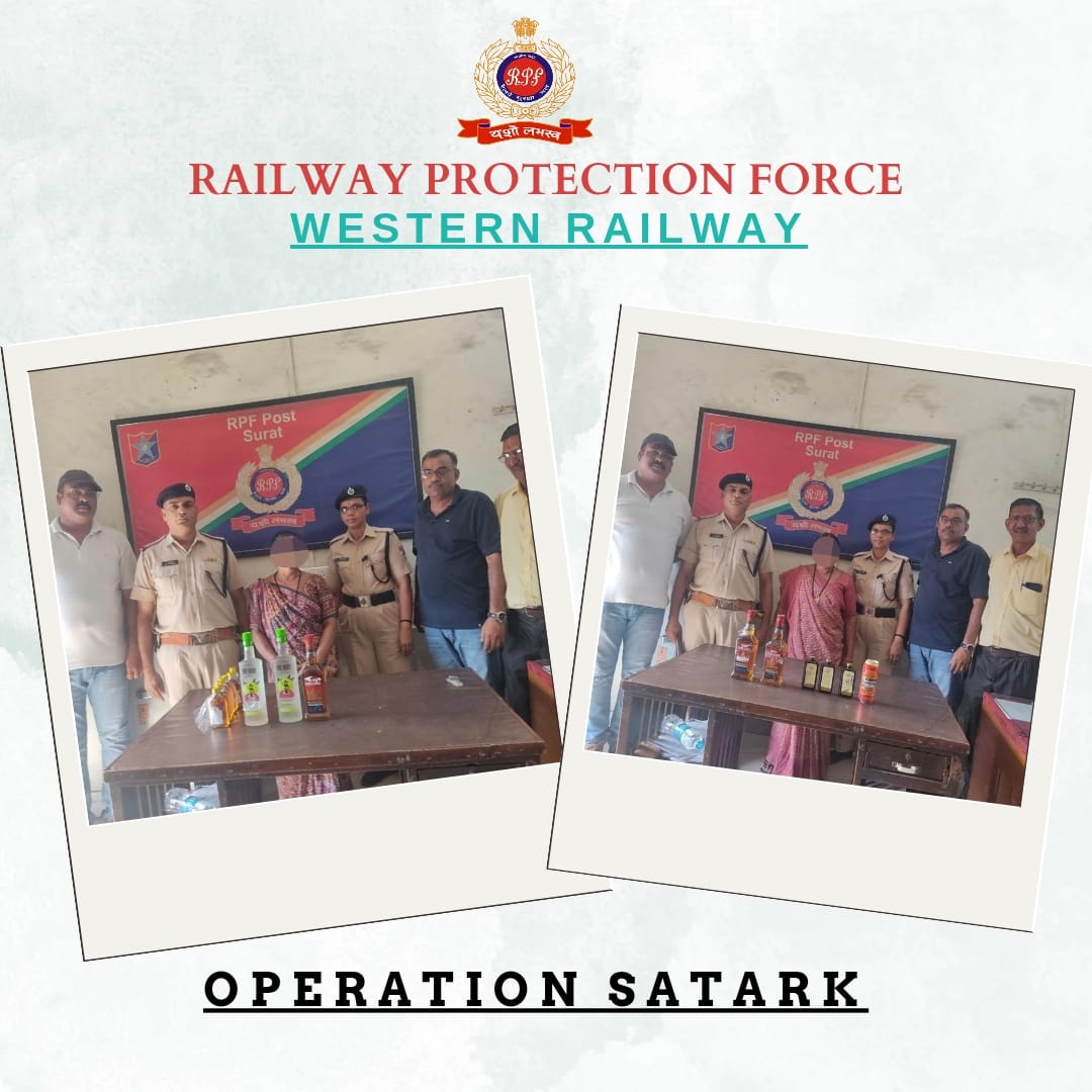 During Operation Satark, RPF WR staff apprehended two female bootleggers with 17 bottles of illicit English liquor valued at Rs 2,000 at Surat Station. Seized and handed over to GRP for further legal action. @RPF_INDIA