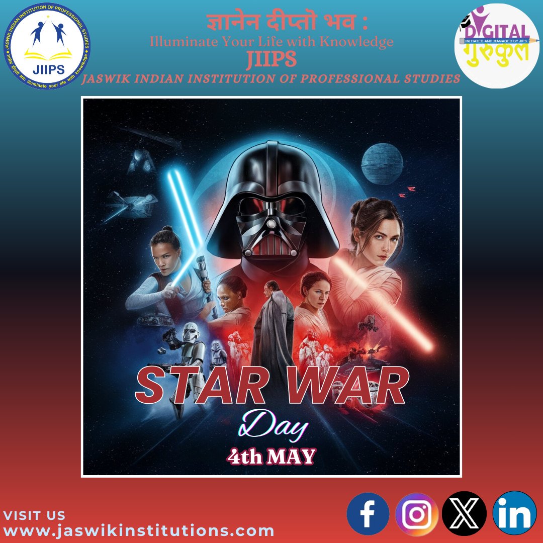 Star Wars Day, observed annually on May 4th, celebrates the iconic franchise with fan events and activities worldwide. The date's pun, 'May the Fourth be with you,' adds to the fun. #jaswikindianinstitutionofprofessionalstudies #StarWarsDay #MayTheFourth #MayThe4thBeWithYou