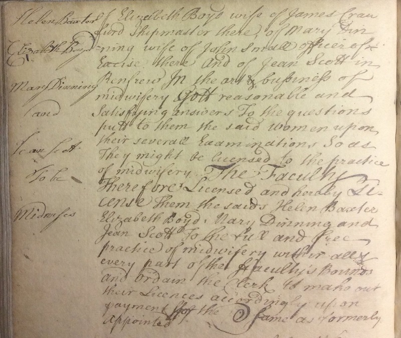 Happy International Day of the Midwife! Glasgow was the 1st place in the UK to examine & license women to practice midwifery. @rcpsglasgow set up the midwifery exam in 1740. These minutes show the 1st to qualify - Helen Baxter, Elizabeth Boyd, Mary Dinning & Jean Scott #IDM2024
