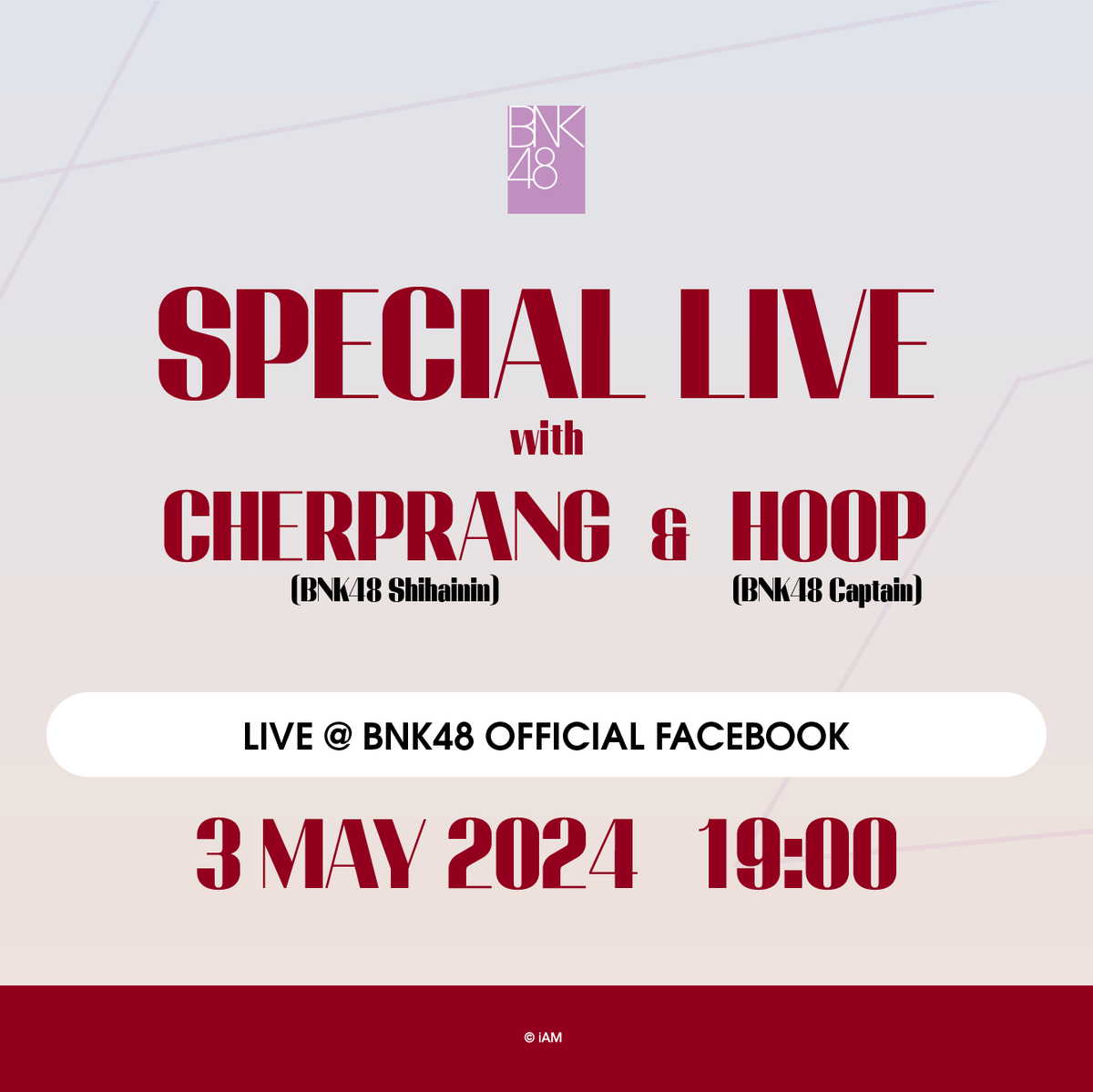 [––] #BNK48

Special Live with Cherprang (BNK48 Shihainin) &amp; Hoop (BNK48 Captain)

LIVE @ BNK48 Official Facebook
3 MAY 2024, 19:00