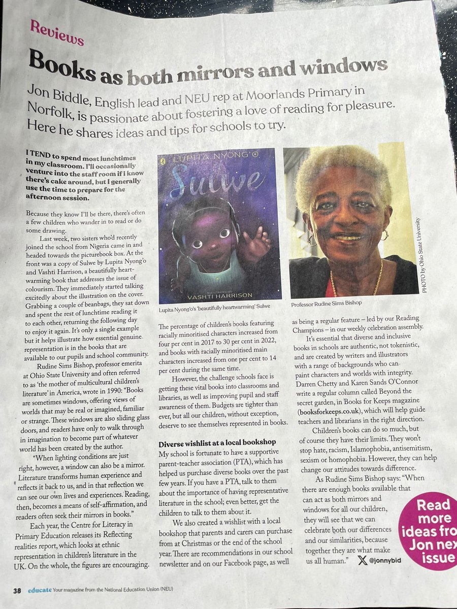 A fab article from @Jonnybid in the recent @NEUnion mag, reminding us of the power of #representation in books. Using books that are authentic and paint ‘characters and worlds with integrity’. Get in touch if you need any signposting to fab choices for your class or school. #RfP