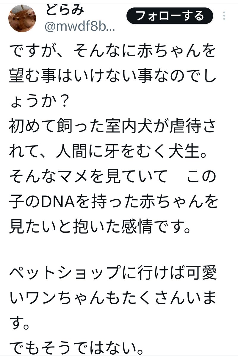 滅茶苦茶な話でクラクラした。

今居る犬もペットショップで購入した雑種で、前にいたマルチーズ(前の飼い主がペットショップで衝動買いしたと非難)と繁殖させたいと思って頑張っていた様子。
次の雑種は犬に興味がないのに店で購入。
繁殖が上手くいかずブリーダーに相談…。どこから突っ込めば？😨